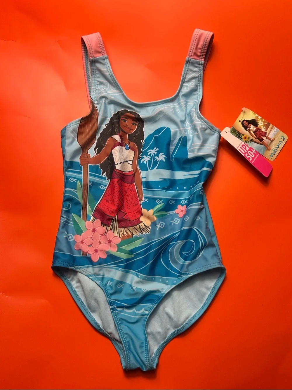 Disney Girls' Blue Swimsuit with Pink Accents and Character Print